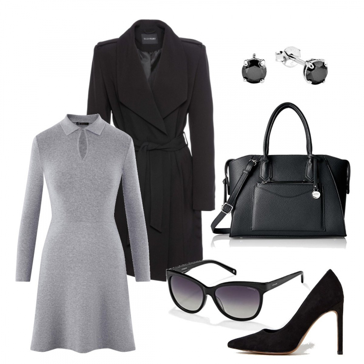 Outfit donna - Givenchy. Abbinamento con trench, vestito, occhiali da sole nero, décolleté con tacco alto nero, borsa a mano cartella nero, orecchini.