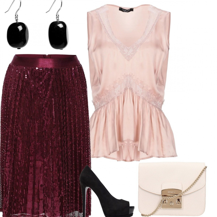 Outfit donna - Oscar de la renta battesimo. Stile Chic per Cerimonia. Abbinamento con top con pizzo collo a v senza maniche in raso con arricciature tinta unita, borsa a tracolla con logo frontale bianco, gonna rosso e bordeaux, scarpe con plateau e tacco alto open toe in denim nero, orecchini.