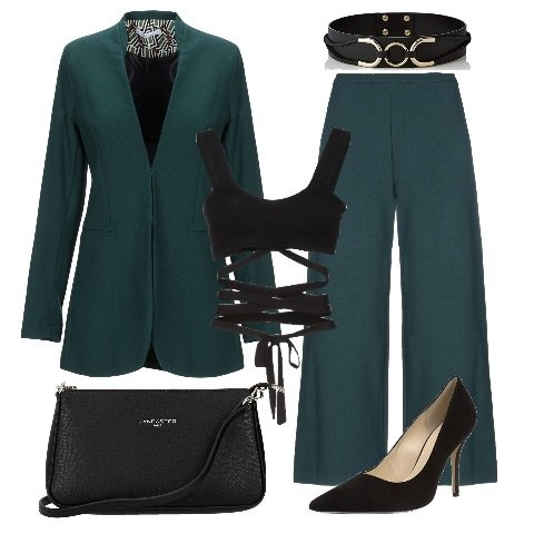 Outfit donna - Serata inspo Givenchy. Stile Chic per Serata fuori. Abbinamento con pantalone a sigaretta con zip jersey, giacca collo a v a maniche lunghe interno foderato crêpe, top scollatura profonda senza maniche jersey, borsa a tracolla con logo frontale nero, cintura nero, scarpe col tacco.