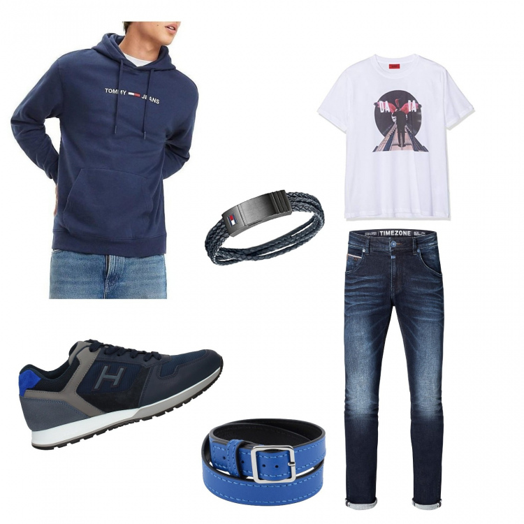 Outfit uomo - Total look #309563. Abbinamento con sneakers con logo frontale blu, felpa con cappuccio, braccialetto, t-shirt bianco, braccialetto, jeans skinny blu e navy.