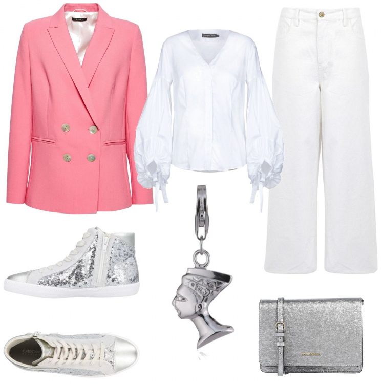 Outfit donna - Givenchy:oversize, argento, antico Egitto. Stile Trendy per Tutti i giorni. Abbinamento con sneakers, camicia senza tasche collo a v a maniche lunghe con laccetti tinta unita, borsa a tracolla, pantalone a coste vita alta con zip in velluto tinta unita, ciondoli, giacca rosa.