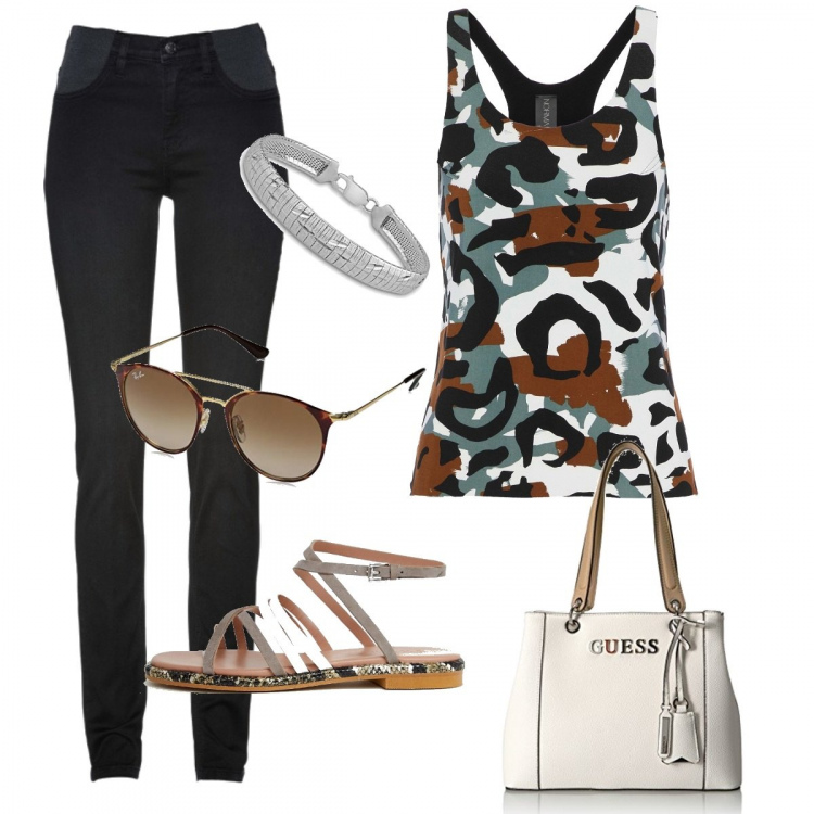 Outfit donna - Safari street style. Stile Urban per Tutti i giorni. Abbinamento con jeans skinny, top fantasia multicolore collo tondo elasticizzato, shopping bag bianco, sandali bianco, occhiali da sole marrone, braccialetto in argento 925 ipoallergenico argento e bianco.
