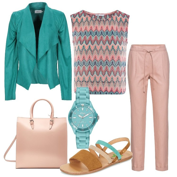 Outfit donna - Co-ords top Missoni style e pantalone. Stile Basic per Tutti i giorni. Abbinamento con pantaloni, giacca scollatura profonda a maniche lunghe interno sfoderato tinta unita, sandali marrone, top crop aderente rosa, orologi, borse a mano.