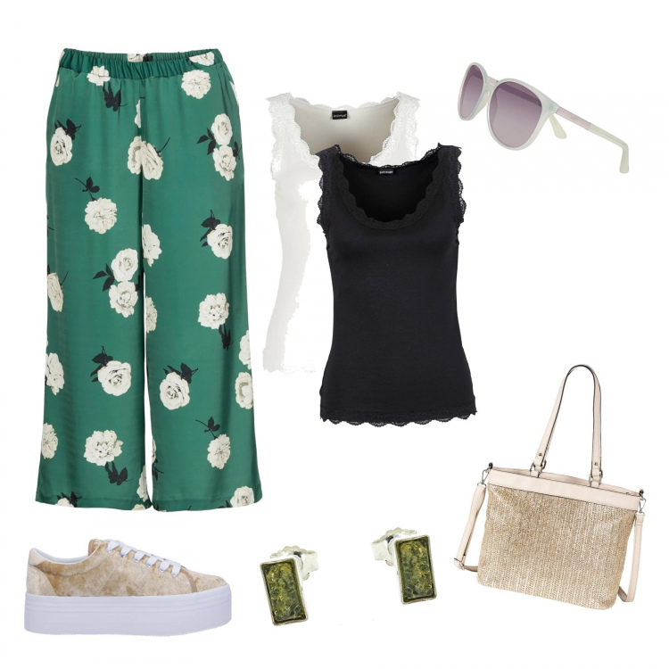 Outfit donna - #curvy style. Stile Basic per Ufficio. look ideale per Tall. Abbinamento con top, shorts, maglieria, sneakers, occhiali da sole, orecchini in sterling 925 argento e verde.