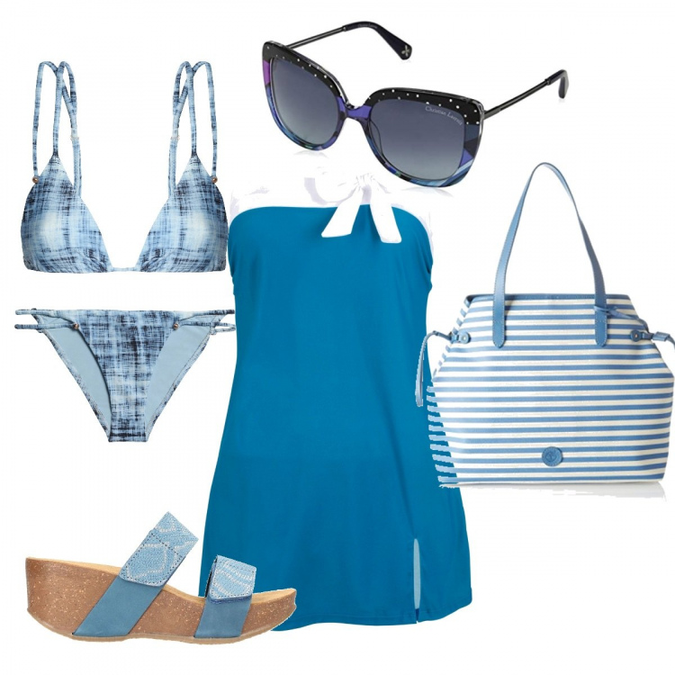 Outfit donna - Blu come il mare della Sardegna. Stile Trendy per Mare. Abbinamento con vestiti da spiaggia, reggiseno fantasia multicolore interno imbottito elasticizzato, slip fantasia multicolore jersey, scarpe blu, borse a spalla, occhiali da sole.