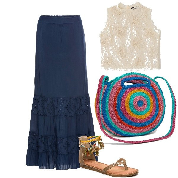 Outfit donna - Il blu è solo una scusa. Stile Urban per Tutti i giorni. Abbinamento con top, top con pizzo bianco, borsa a tracolla in paglia, sandali con strass e frange con punta tonda marrone e multicolore.