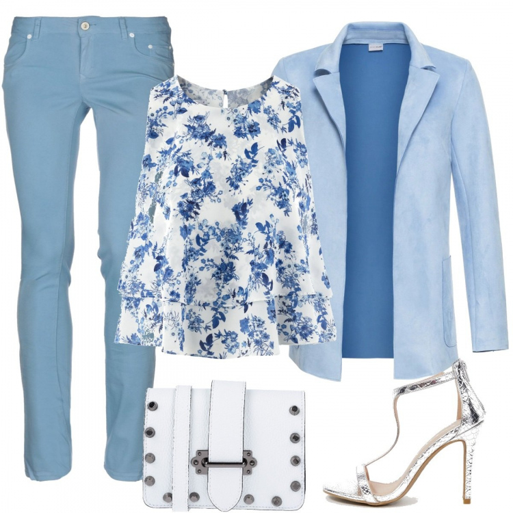 Outfit donna - Stile Oscar de la Renta. Stile Trendy per Serata fuori. Abbinamento con blazer effetto scamosciato in pelle sintetica con tasche blu, pantalone a sigaretta con borchie vita bassa con zip tinta unita, borsa a mano petit in pelle martellata tinta unita, top aderente bianco, sandali collo aperto con zip argento.
