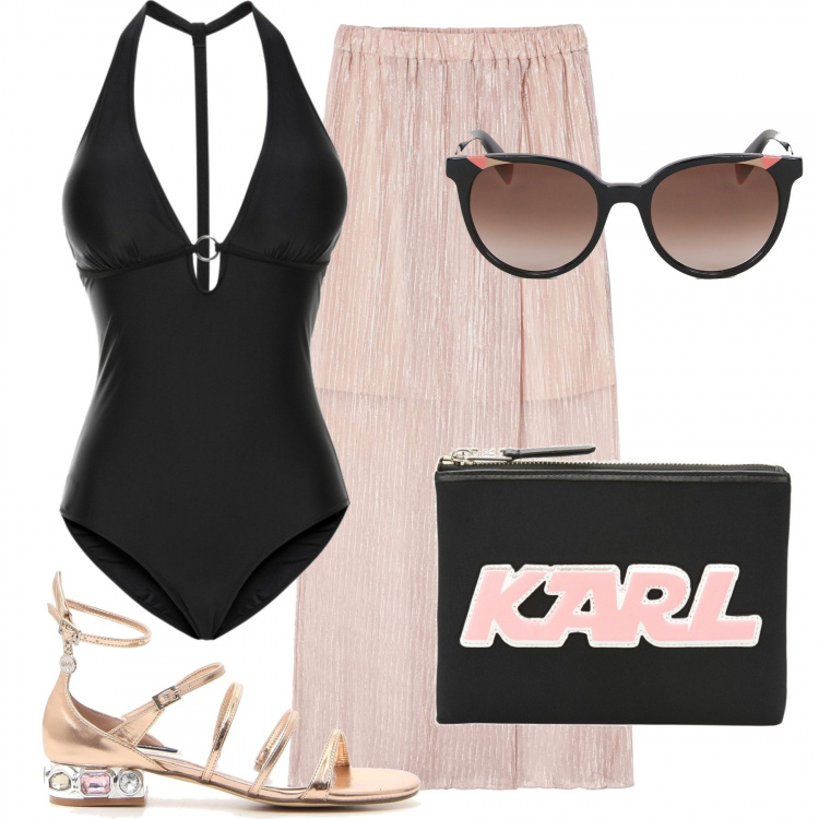 Outfit donna - Aperitivo sul mare. Stile Trendy per Mare. Abbinamento con costumi interi, pochette con zip interno foderato tinta unita, gonne, sandali, occhiali da sole.