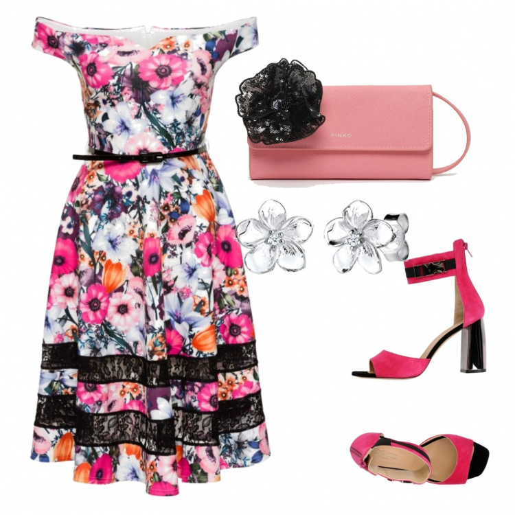 Outfit donna - Chic #11299. Stile Chic per Tutti i giorni. Abbinamento con maglieria, sandali effetto scamosciato con tacco squadrato e cinturino interno foderato con punta quadrata tinta unita, pochette rosa, orecchini.