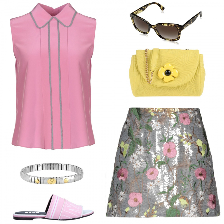 Outfit donna - #sixties. Stile Bon Ton per Tutti i giorni. Abbinamento con minigonne, top, borsa a tracolla messenger contrasto taglia media con zip interno foderato in pelle sintetica tinta unita, sandali, occhiali da sole giallo, bracciale.