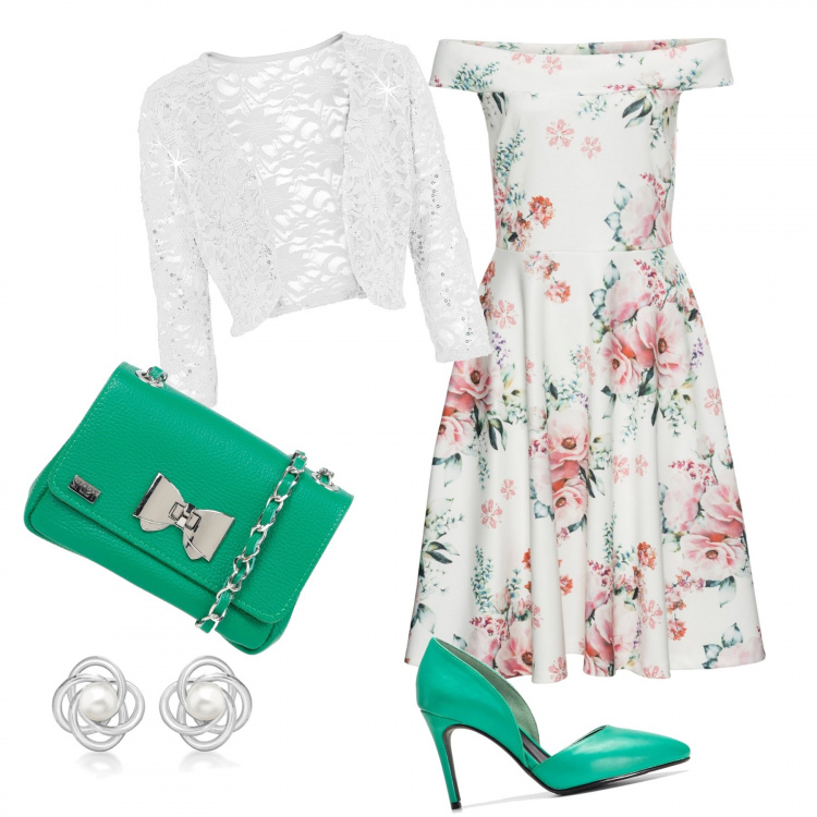 Outfit donna - Sixties con dettagli verde menta. Stile Basic per Cerimonia. Abbinamento con vestiti, bolero, décolleté pumps con tacco spillo verde, borsa a tracolla petit in pelle martellata a scatto interno foderato tinta unita, orecchini a perno in sterling 925 ipoallergenico argento e bianco.
