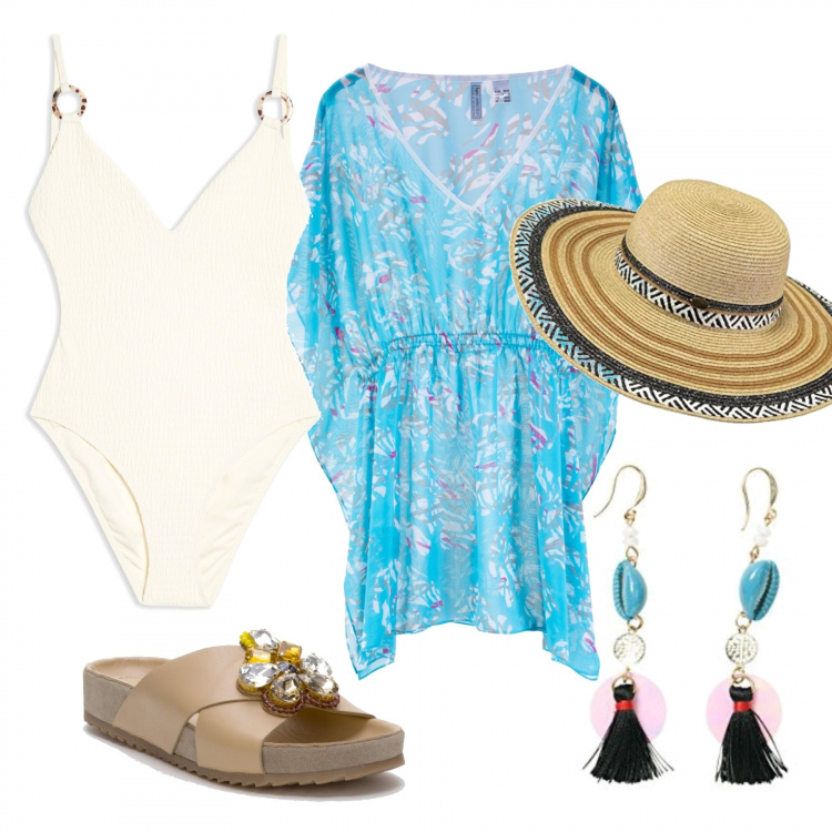 Outfit donna - Attracco a Ponza. Stile Trendy per Mare. Abbinamento con vestito con scollo blu, costume intero interno foderato jersey, sandali con punta tonda blu, orecchini in ottone, cappelli.