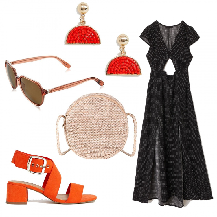 Outfit donna - Sotto il sole della Toscana. Stile Trendy per Tutti i giorni. Abbinamento con borse a tracolla, vestito a pois scollo profondo a maniche corte nero, sandali con tacco largo collo aperto pianta larga in denim, orecchini pendenti farfalla con perline oro, montatura occhiali rosso.