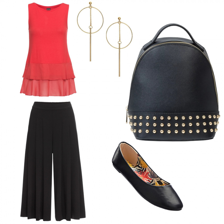 Outfit donna - Basic #12825. Stile Basic look ideale per Tall. Abbinamento con ballerine, top con volant chiffon con balze elasticizzato rosso, pantaloni, zaino con borchie nero, orecchini.