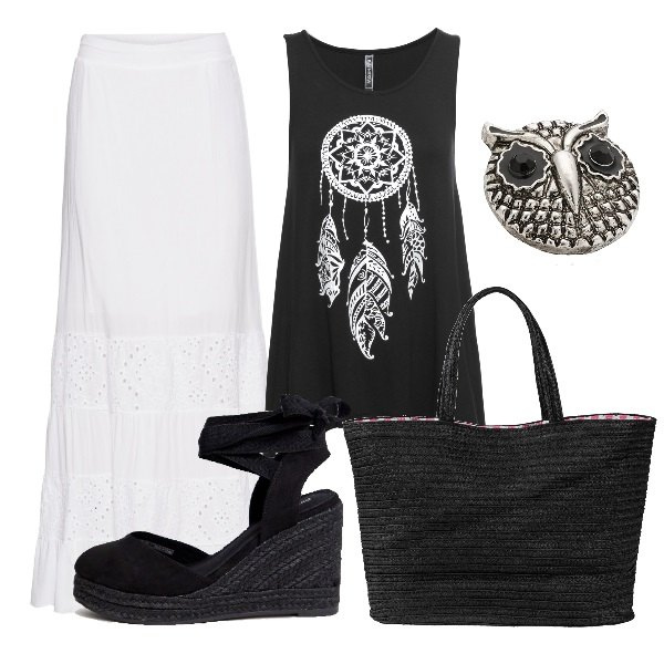 Outfit donna - Il nero nasconde... un pò. Stile Etnico per Tutti i giorni. Abbinamento con top, gonna lunga con pizzo bianco, shopping bag nero, espadrillas con zeppe e punta tonda nero, ciondoli.