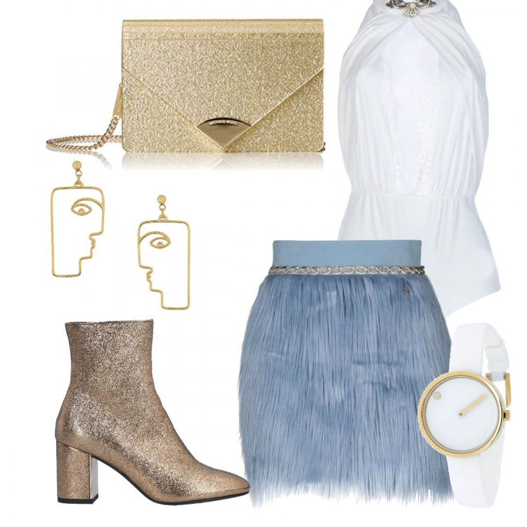 Outfit donna - Piume azzurre #sixties. Stile Trendy per Serata fuori. Abbinamento con gonna, top con pizzo collo tondo senza maniche jersey, stivaletti effetto laminato con tacco squadrato e zip a punta pianta larga tinta unita, orologio con fibbia, orecchini con farfallina argento e oro, clutch effetto metallizzato con fasce in pelle.