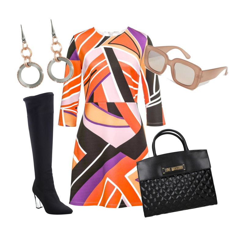 Outfit donna - #sixties inspiration. Stile Trendy per Ufficio. Abbinamento con vestiti, stivali, borsa a mano con logo frontale nero, occhiali da sole sagomati petite protezione dai raggi, orecchini.