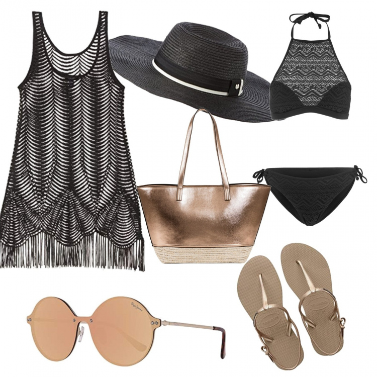 Outfit donna - Sexy on the beach. Stile Sexy per Mare. Abbinamento con bikini, shopping bag con zip in pelle sintetica con scomparti oro, vestiti da spiaggia, infradito, occhiali da sole, cappelli.