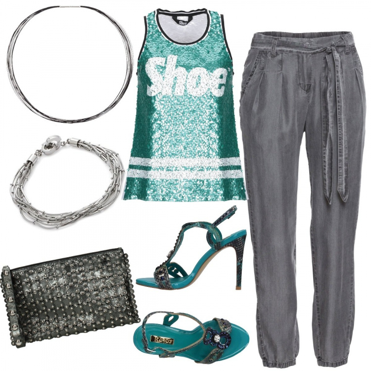 Outfit donna - Serata Sporty chic #curvystyle. Stile Trendy per Serata fuori. Abbinamento con sandali con strass e stampa con tacco spillo e cinturino interno foderato con punta tonda in pelle sintetica, canottiera fantasia con paillettes collo tondo senza maniche in tulle jersey, pantaloni, pochette con borchie rosso e grigio, collana, bracciale.
