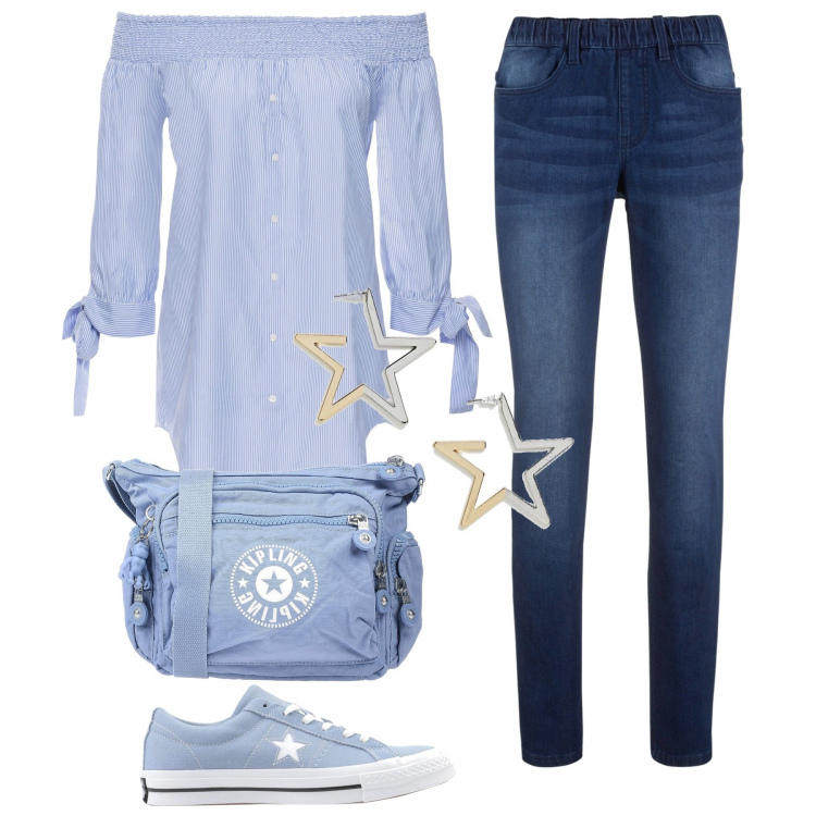 Outfit donna - Spalle scoperte. Stile Basic per Tutti i giorni. Abbinamento con sneakers, borsa a tracolla, sneakers, foulard, orecchini petite farfalla.