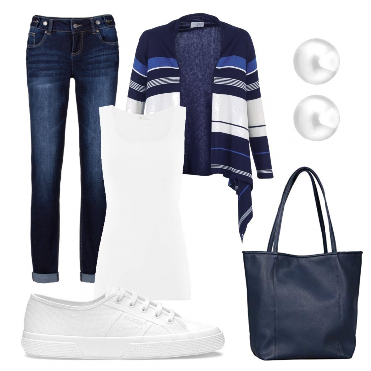 Outfit donna - Cardigan leggero. Abbinamento con jeans boyfriend, gilet, scarpe bianco, borse tote, top, orecchini con perle in argento 925 argento.