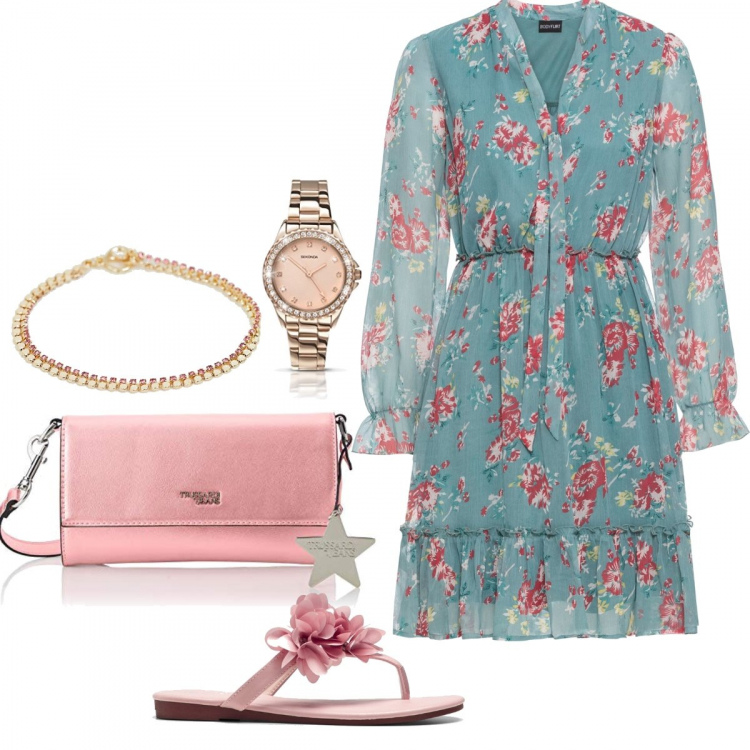 Outfit donna - Il Vestito verde floreale #Rosa. Stile Bon Ton per Cerimonia. Abbinamento con vestito con volant e scollo con laccetti blu, ciabatte, clutch, orologi, bracciale.