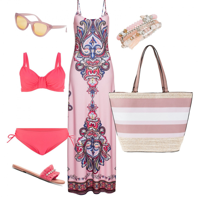 Outfit donna - Vacanze al mare. Stile Etnico per Mare. Abbinamento con vestiti corti, bikini con ferretto, ciabatte con frange rosso, shopping bag beige, braccialetti, occhiali da sole a gatto stanghette sottili rosa.