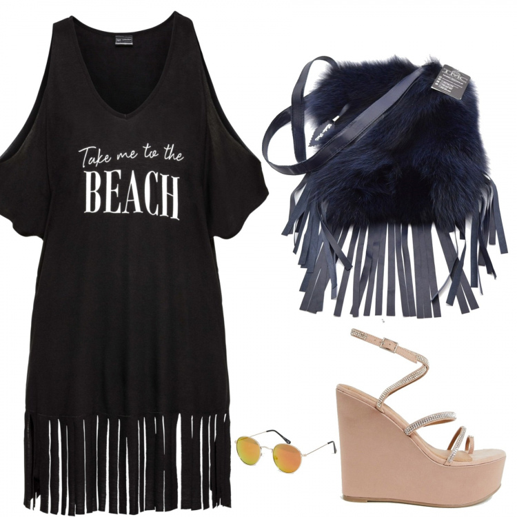Outfit donna - Gita al mare. Stile Chic per Mare. Abbinamento con pullovers, borsa a tracolla multicolore, zeppe carne, occhiali da sole stanghette sottili.