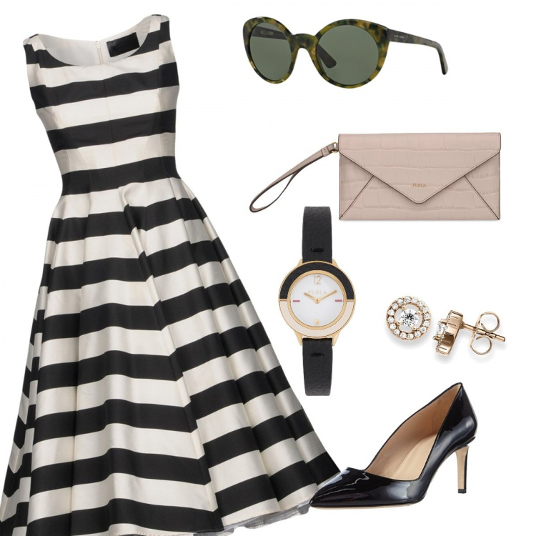 Outfit donna - #sixties. Stile Bon Ton Abbinamento con vestito a ruota a righe collo tondo con zip interno foderato in raso con gancetto, scarpe col tacco nero, orologio, orecchini in argento 925, clutch, occhiali da sole multicolore.