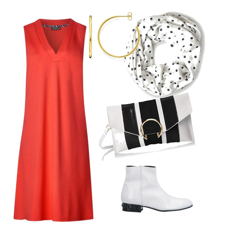 Outfit donna - #sixties #curvystyle. Stile Trendy per Tutti i giorni. Abbinamento con stivaletti contrasto effetto vernice con tacco squadrato e zip con punta tonda in pelle sintetica tinta unita, vestiti, cappello taglia unica multicolore e bianco, portafogli, orecchini.