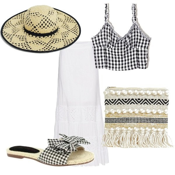 Outfit donna - L\'importanza degli accessori. Stile Trendy per Tutti i giorni. Abbinamento con gonna lunga con pizzo bianco, top a quadri crop nero, pochette contrasto con ricamo e zip in paglia con nappine, sandali con fiocco e punta tonda nero e bianco, cappello contrasto carne.