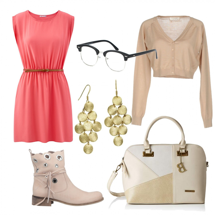 Outfit donna - Monday style... Ufficio a fine estate. Stile Trendy per Ufficio. Abbinamento con stivaletti con tacco squadrato e laccetti interno in pelle con punta tonda in nabuk tinta unita grigio, scaldacuore senza tasche lavorato a maglia a maniche lunghe tinta unita, vestito con cintura aderente rosa, shopping bag, occhiali da sole e montature per occhiali da vista stanghette sottili nero, orecchini.