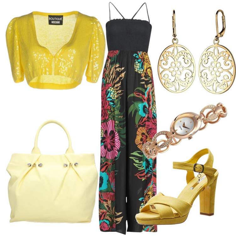 Outfit donna - Cardigan leggero in giallo. Stile Trendy per Serata fuori. Abbinamento con top, borsa a mano, jumpsuit multicolore, scarpe col tacco con cinturino giallo, orecchini, orologi.