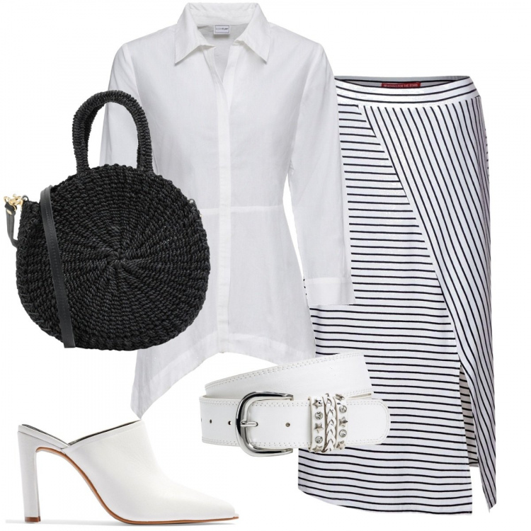 Outfit donna - Bianco e nero #curvystyle. Stile Chic per Ufficio. Abbinamento con cinture, camicie, sandali col tacco, borse a mano, gonna.