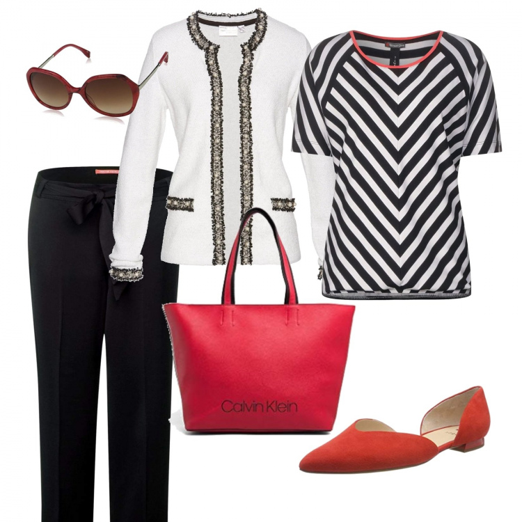 Outfit donna - Black and White Curvystyle. Stile Bon Ton per Ufficio. Abbinamento con gonne longuette, t-shirt, pantaloni, ballerine, shopping bag in ecopelle rosso, occhiali da sole rosso.