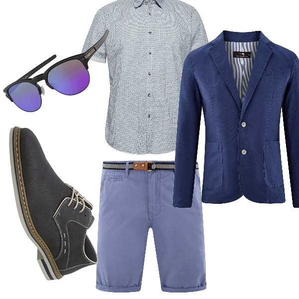 Outfit uomo - Total look #310759. Abbinamento con giacche, camicia, pantalone corto aderente blu, scarpe stringate, occhiali da sole nero.