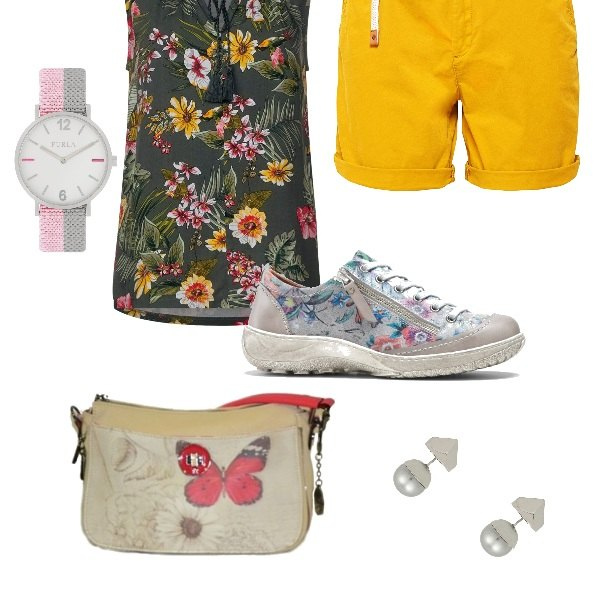 Outfit donna - "Monday Style". Abbinamento con borsa a tracolla beige, vestaglia, sneakers con zip grigio, pantalone corto, orecchini, orologio.