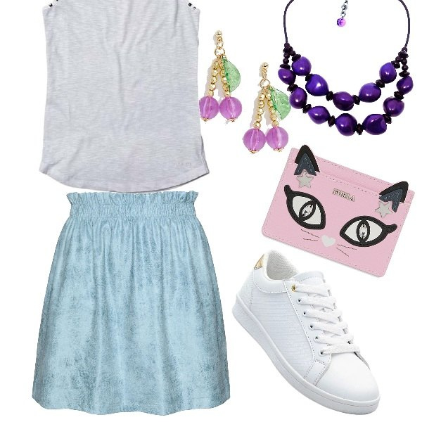 Outfit donna - Oscar De La Renta. Abbinamento con top bianco, collana viola, gonna, portadocumenti contrasto tinta unita, sneakers, orecchini con perline oro.