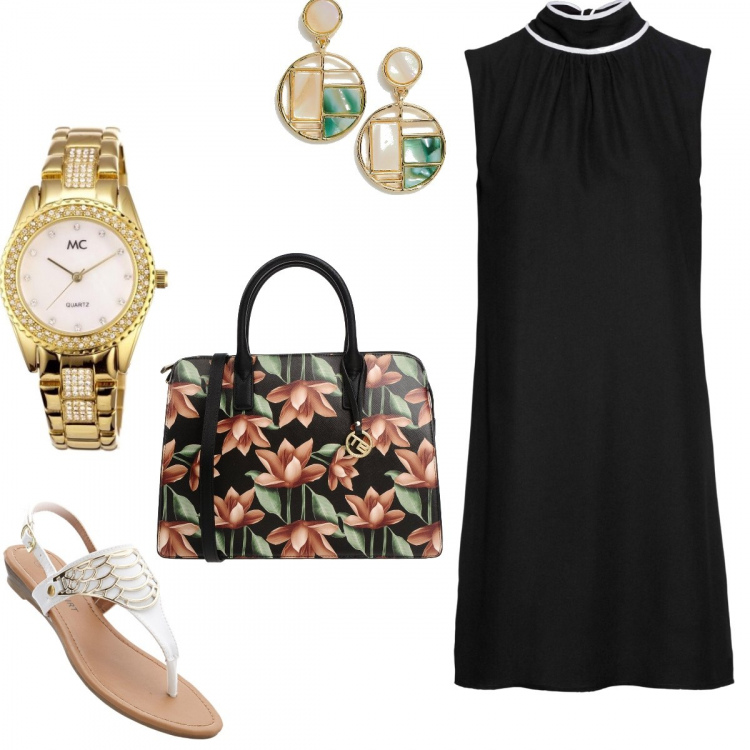 Outfit donna - Black&White e...verde. Stile Bon Ton per Ufficio. Abbinamento con vestito con fiocco taglio dritto nero, sandali, borsa a mano fantasia floreale taglia media con zip interno foderato in pelle sintetica blu, orecchini pendenti farfalla oro, orologio.