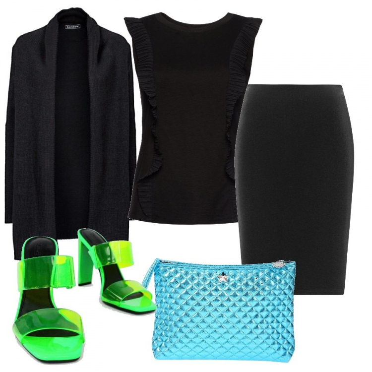 Outfit donna - Urban #6459. Stile Urban per Serata fuori. Abbinamento con cardigans, borsa a mano con manico effetto laminato taglia media con zip interno foderato in pelle sintetica tinta unita, gonne longuette, t-shirt, sabot con tacco largo collo aperto con punta quadrata in denim verde.
