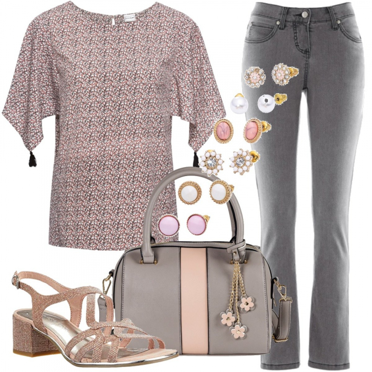Outfit donna - Delicata in rosa e grigio. Stile Bon Ton per Ufficio. Abbinamento con jeans slim fit, blusa, borse a mano, orecchini, sandali con cinturino effetto metallizzato rosa.