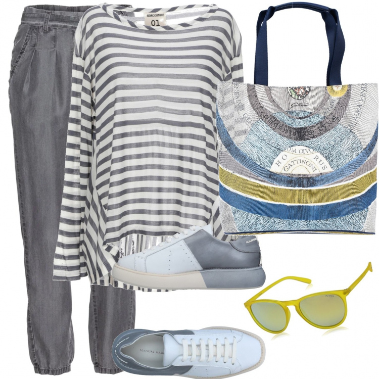 Outfit donna - Shopping time. Stile Urban per Tutti i giorni. Abbinamento con t-shirt a righe collo tondo a maniche lunghe jersey, borsa a mano maxi fantasia multicolore doppio manico interno foderato in pelle sintetica, sneakers tennis, pantaloni, occhiali da sole.
