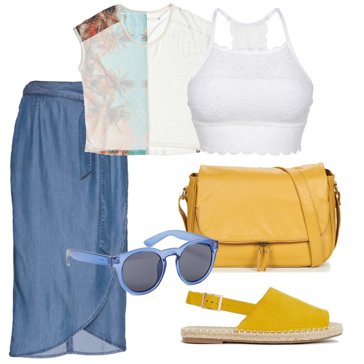 Outfit donna - Crop top e gonna a portafoglio. Stile Etnico per Tutti i giorni. Abbinamento con reggiseni, pantaloni, top beige, borsa a tracolla, sandali, occhiali da sole a gatto lenti sfumate stanghette sottili protezione dai raggi navy.