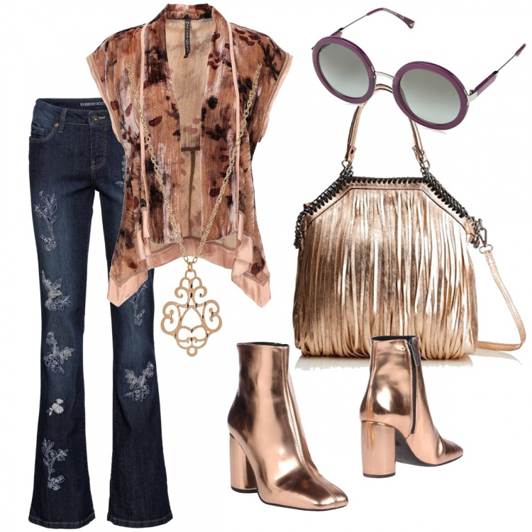 Outfit donna - Omaggio a Janis Joplin. Stile Trendy per Serata fuori. Abbinamento con bluse, top, stivaletti effetto laminato con tacco geometrico e zip con punta quadrata in pelle sintetica tinta unita, borsa a mano rosa, occhiali da sole blu, pendente girocollo.