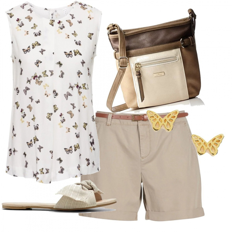 Outfit donna - Miss butterfly. Stile Basic per Tutti i giorni. Abbinamento con top, ciabatte con fiocco beige, shorts beige, orecchini petite farfalla argento e oro, borsa a tracolla beige e grigio.