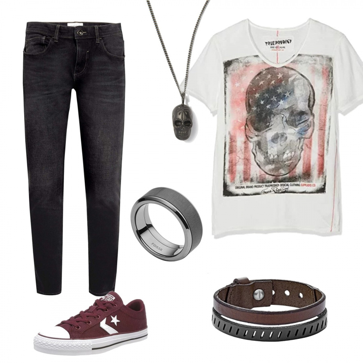 Outfit uomo - I wanna rock'n'roll all nights. Stile Urban per Tutti i giorni. Abbinamento con t-shirt con stampa a maniche corte bianco, anelli, jeans slim fit nero, braccialetti, sneakers unisex-adulto nero e rosso, collana in ottone con catenina.