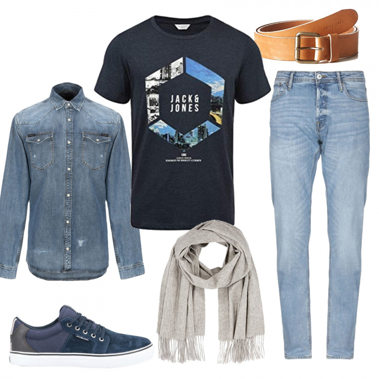 Outfit uomo - Tutto Jack & Jones. Stile Casual per Tutti i giorni. Abbinamento con sneakers tennis, jeans a tubo delavé in denim tinta unita, camicia in denim, t-shirt girocollo, sciarpa melange taglia unica grigio, cintura in pelle marrone.