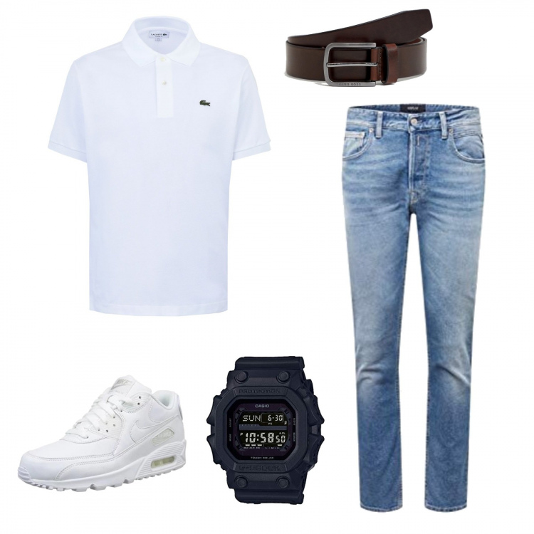 Outfit uomo - Tabula rasa. Stile Casual per Tutti i giorni. Abbinamento con polo, scarpe da ginnastica in pelle bianco, jeans, cintura con fibbia lunghezza regolabile marrone, orologi digitali.