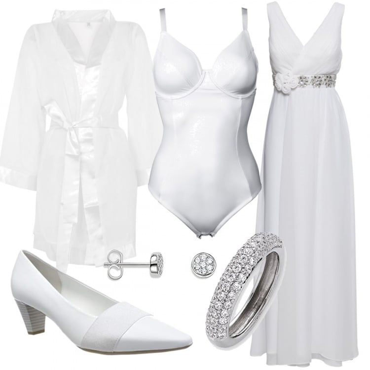 Outfit donna - Meravigliosa sposa in bianco & grigio. Stile Chic per Cerimonia. Abbinamento con vestaglia a maniche lunghe in raso crêpe, body, costumi interi, anelli, scarpe col tacco, orecchini.