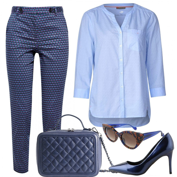 Outfit donna - Chic in blu. Stile Chic per Ufficio. Abbinamento con pantalone navy, camicie, décolleté, occhiali da sole blu, borse a spalla.